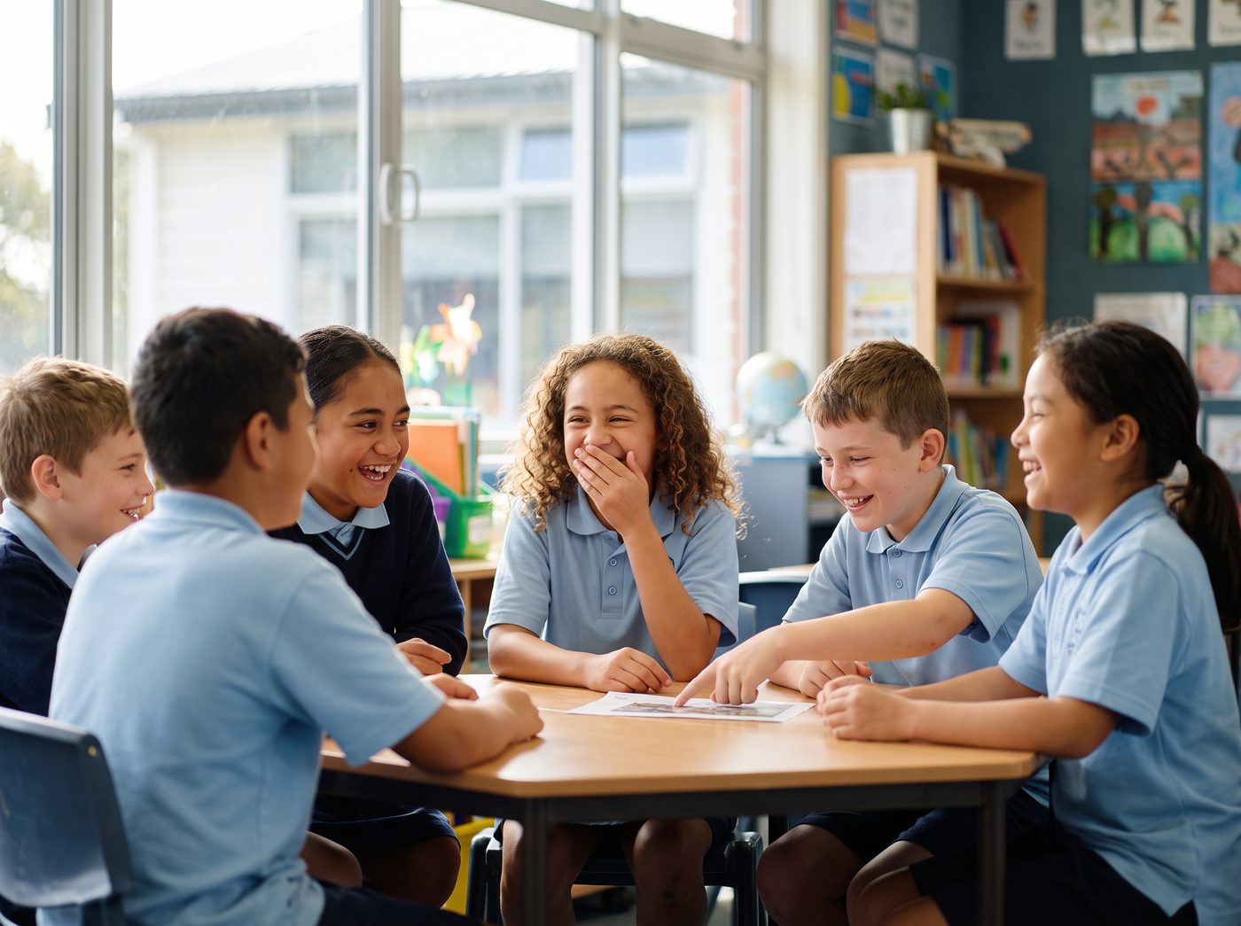 Students laughing together in a classroom